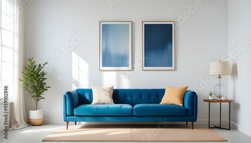 Interior mockup In a white room a blue sofa is placed next to a photo frame on the wall