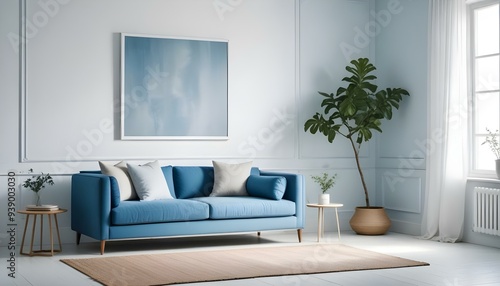 Interior mockup In a white room a blue sofa is placed next to a photo frame on the wall