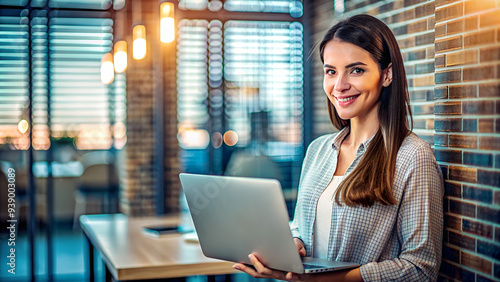 A beautiful young woman holding a laptop in her hands, a freelance girl or a student at a computer