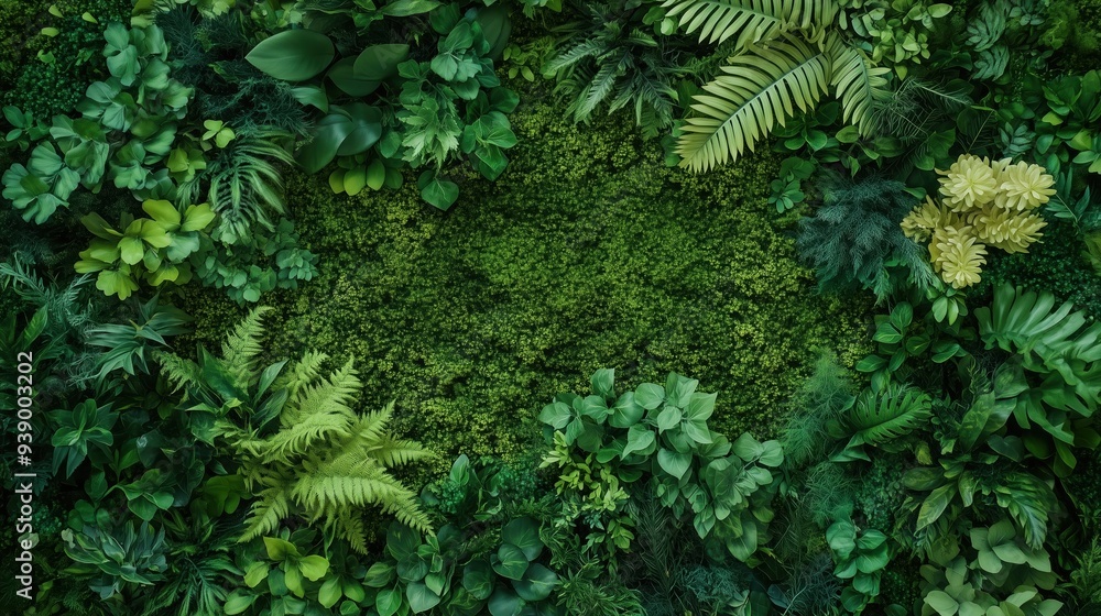 A Top View of a Vertical Garden Wall Covered in Beautiful, Lush Green Moss and Various Plants, Creating a Natural Pattern with Rich Greenery Texture, Perfect for Wallpaper Design and Evoking a Forest A Top View of a Vertical Garden Wall Covered in Beautiful, Lush Green Moss and Various Plants, Creating a Natural Pattern with Rich Greenery Texture, Perfect for Wallpaper Design and Evoking a Forest