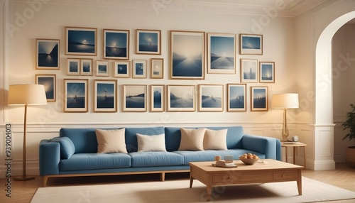 Interior mockup In a white room a blue sofa is placed next to a photo frame on the wall