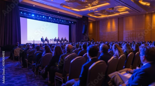 An attentive audience is seated in neat rows, focusing on a stage where multiple speakers present various topics in an elegant conference setting photo