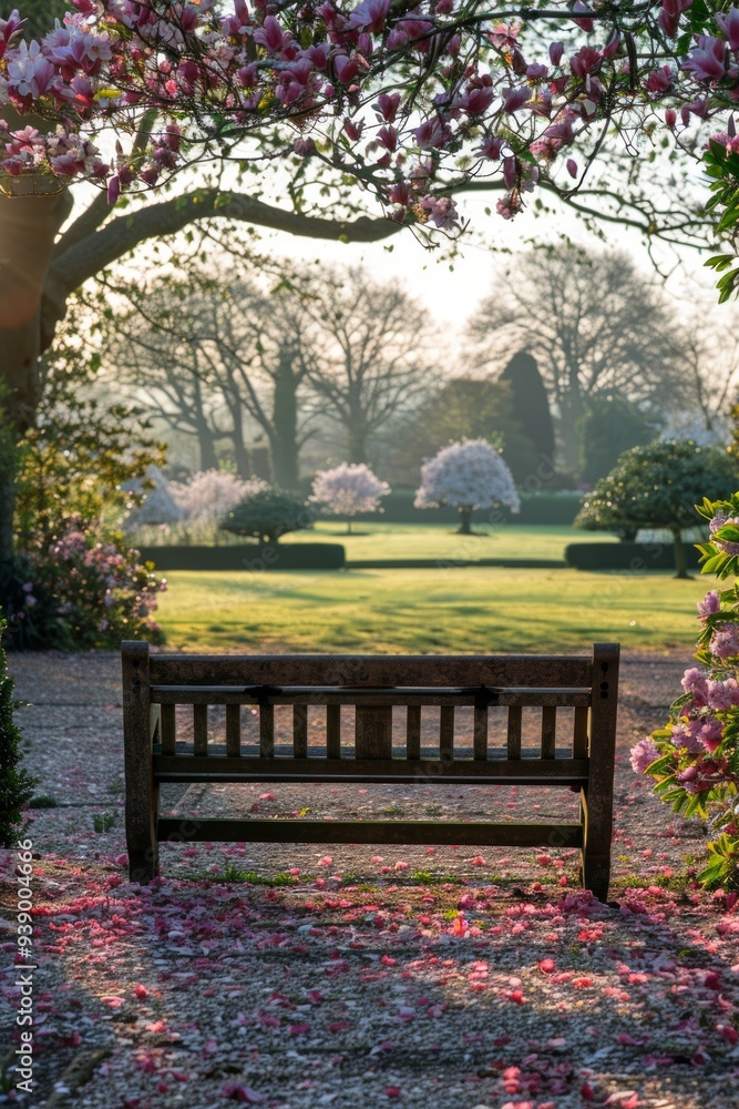 Fototapeta premium The wooden bench offers a tranquil spot surrounded by blossoming flowers and lush greenery in a beautiful garden