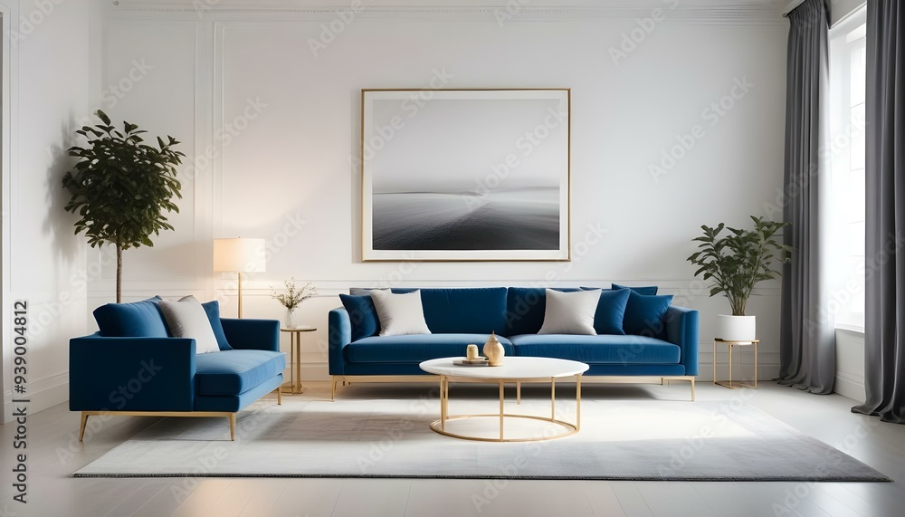 Interior mockup In a white room a blue sofa is placed next to a photo frame on the wall Interior mockup In a white room a blue sofa is placed next to a photo frame on the wall