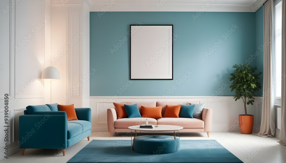 Interior mockup In a white room a blue sofa is placed next to a photo frame on the wall Interior mockup In a white room a blue sofa is placed next to a photo frame on the wall