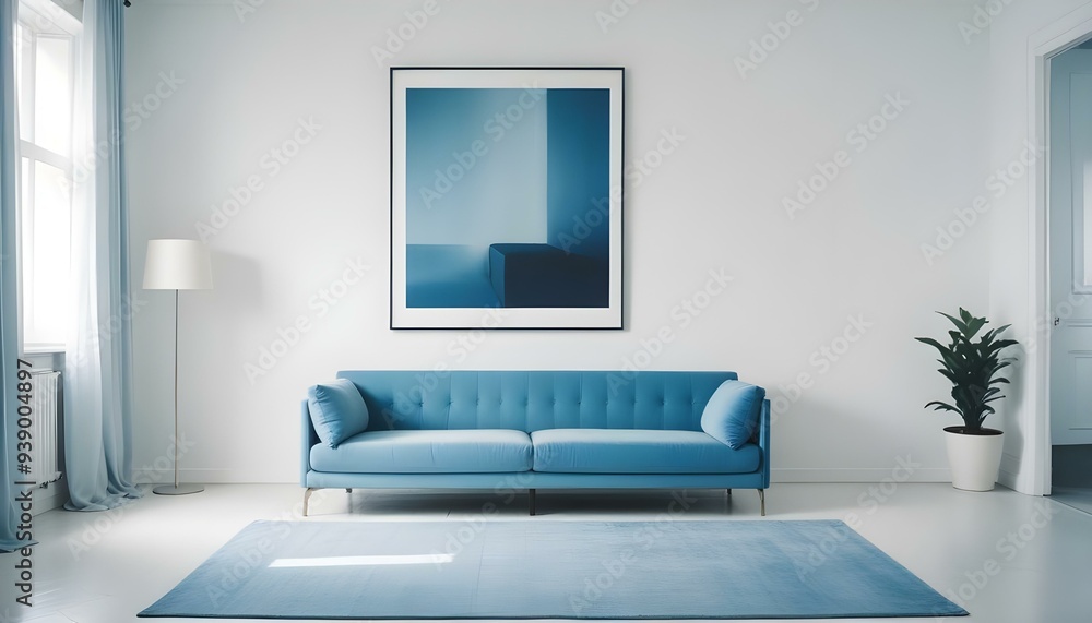 Interior mockup In a white room a blue sofa is placed next to a photo frame on the wall Interior mockup In a white room a blue sofa is placed next to a photo frame on the wall