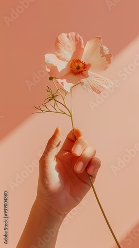 A delicate pastel pink flower is held by a hand against a blush backdrop, capturing the beauty of nature and simplicity in a serene setting.