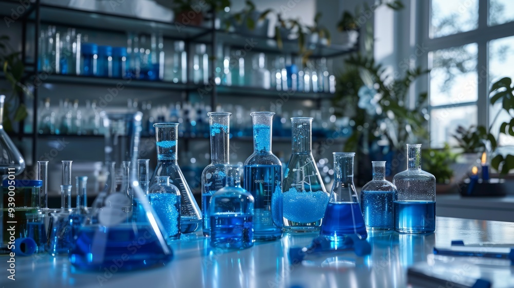 Glass containers filled with blue liquids are arranged in a bright laboratory filled with greenery and natural light Glass containers filled with blue liquids are arranged in a bright laboratory filled with greenery and natural light