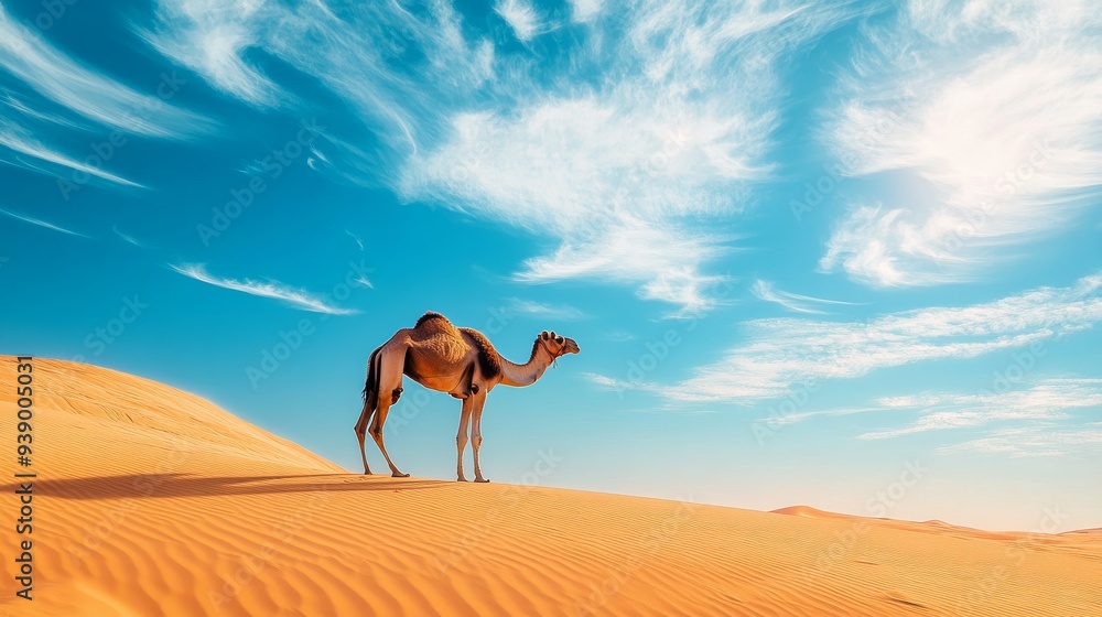 A solitary camel walks with elegance across sprawling sandy dunes, bathed in the warm light of midday. The vastness of the desert creates a peaceful atmosphere A solitary camel walks with elegance across sprawling sandy dunes, bathed in the warm light of midday. The vastness of the desert creates a peaceful atmosphere