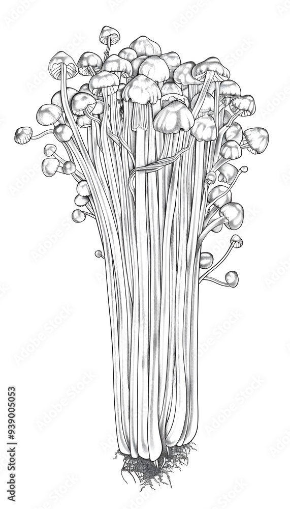 Enoki Mushroom black and white illustration Enoki Mushroom black and white illustration