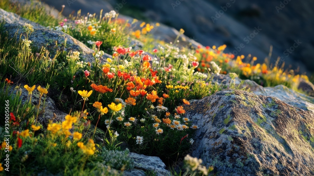 Obraz premium Vibrant wildflowers bloom across a rocky hillside, illuminated by soft sunlight that casts gentle shadows, creating a picturesque spring landscape