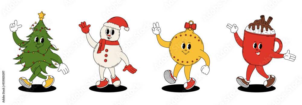 Naklejka premium Groovy retro Merry Christmas and Happy New year. Christmas characters in trendy groovy hippie style. Christmas tree, toy, mug of hot chocolate and snowman.