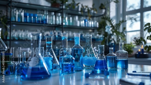 Glass containers filled with blue liquids are arranged in a bright laboratory filled with greenery and natural light