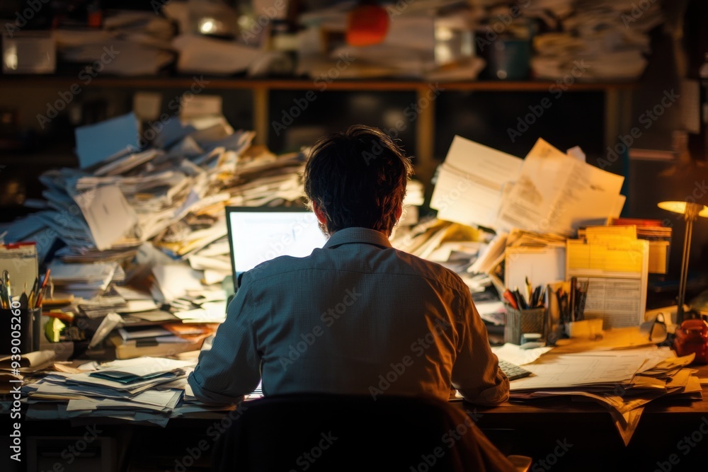 Fototapeta premium Man Working at Cluttered Desk Late at Night