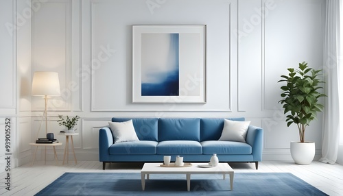 Interior mockup In a white room a blue sofa is placed next to a photo frame on the wall