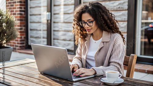 A beautiful young woman is focused on working on a laptop in cafe outside, a freelance girl or a student at a computer