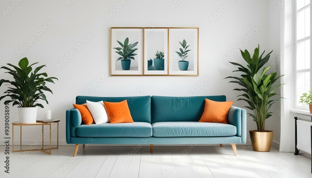 Interior mockup In a white room a blue sofa is placed next to a photo frame on the wall Interior mockup In a white room a blue sofa is placed next to a photo frame on the wall