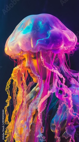 Colorful backgrounds, portraits, people in jellyfish costumes,