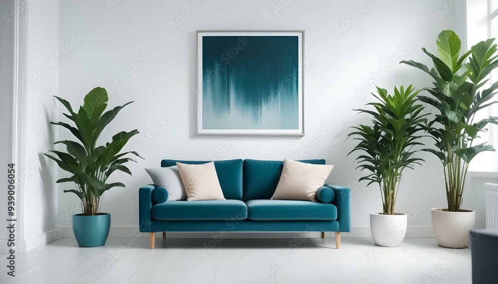 Interior mockup In a white room a blue sofa is placed next to a photo frame on the wall Interior mockup In a white room a blue sofa is placed next to a photo frame on the wall