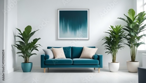 Interior mockup In a white room a blue sofa is placed next to a photo frame on the wall