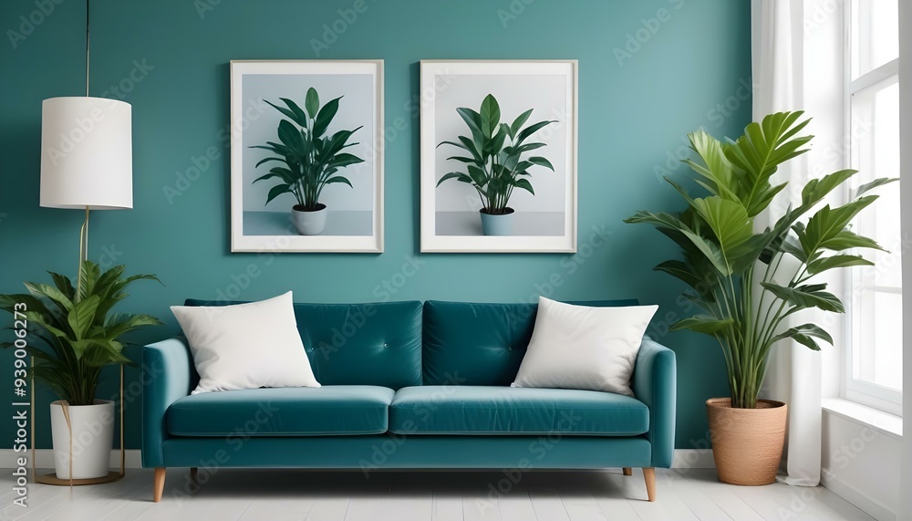 Interior mockup In a white room a blue sofa is placed next to a photo frame on the wall Interior mockup In a white room a blue sofa is placed next to a photo frame on the wall