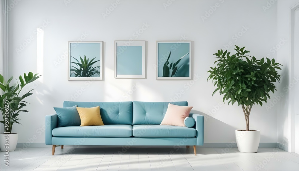 Interior mockup In a white room a blue sofa is placed next to a photo frame on the wall Interior mockup In a white room a blue sofa is placed next to a photo frame on the wall