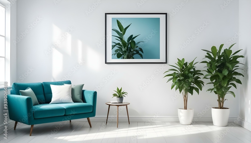 Interior mockup In a white room a blue sofa is placed next to a photo frame on the wall Interior mockup In a white room a blue sofa is placed next to a photo frame on the wall
