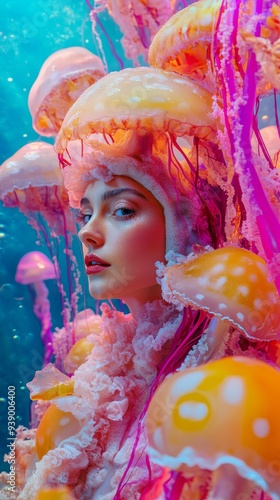 Colorful backgrounds, portraits, people in jellyfish costumes,