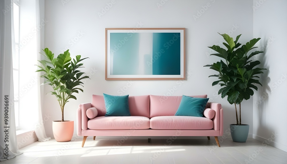 Interior mockup In a white room a blue sofa is placed next to a photo frame on the wall Interior mockup In a white room a blue sofa is placed next to a photo frame on the wall