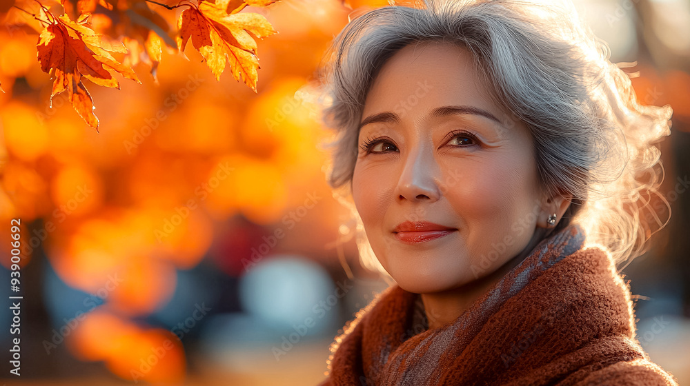 A woman with gray hair is smiling in front of a tree with orange leaves A woman with gray hair is smiling in front of a tree with orange leaves