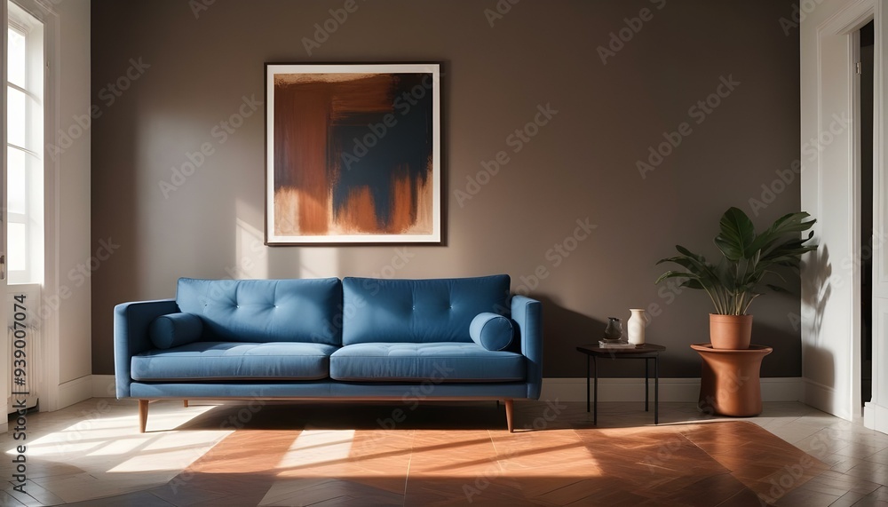 Interior mockup In a white room a blue sofa is placed next to a photo frame on the wall Interior mockup In a white room a blue sofa is placed next to a photo frame on the wall