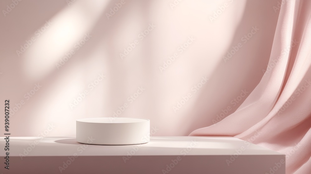 A clean, white pedestal set against a soft pink backdrop provides an elegant environment ideal for showcasing high-end skincare products, highlighting product aesthetics A clean, white pedestal set against a soft pink backdrop provides an elegant environment ideal for showcasing high-end skincare products, highlighting product aesthetics