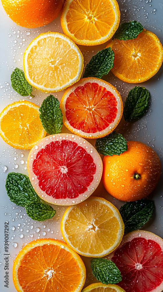 A close up of a variety of oranges and grapefruit with green leaves A close up of a variety of oranges and grapefruit with green leaves