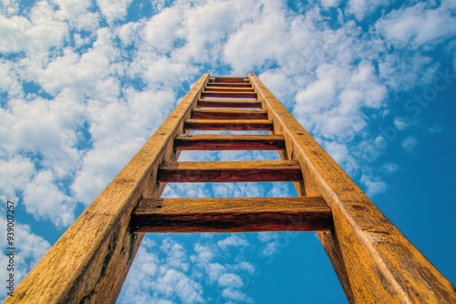 Wooden ladder reaching into the blue sky