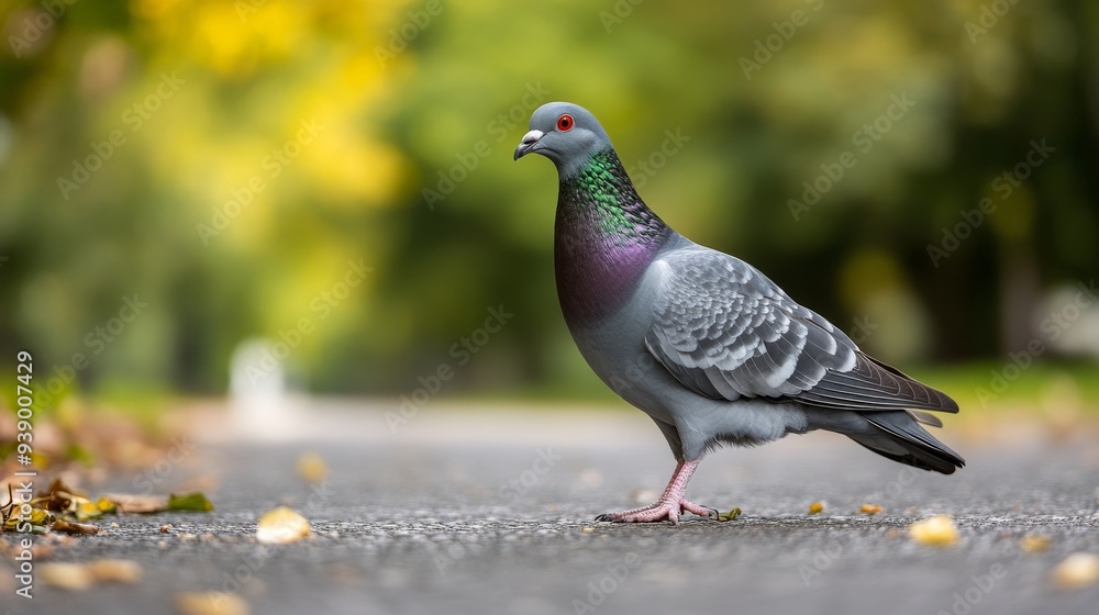 A curious urban pigeon stands on the pavement in a park, its head tilted as it surveys its surroundings amidst fallen leaves on a sunny day A curious urban pigeon stands on the pavement in a park, its head tilted as it surveys its surroundings amidst fallen leaves on a sunny day