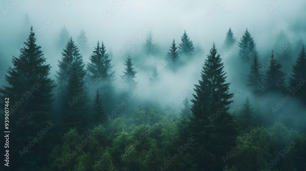 Fototapeta premium Misty dawn in a dense pine forest ideal for creating atmospheric and mysterious wallpapers