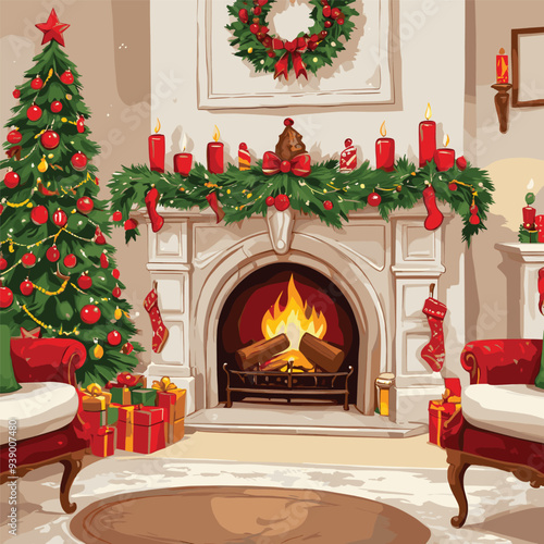 Cozy Christmas Living Room with Tree, Fireplace, and Decorations