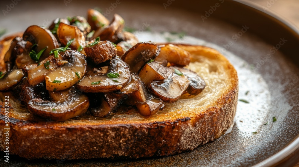 Savor the vibrant flavors of a crusty slice of toast, loaded with sautéed mushrooms and garnished with fresh herbs, perfect for any meal or snack Savor the vibrant flavors of a crusty slice of toast, loaded with sautéed mushrooms and garnished with fresh herbs, perfect for any meal or snack