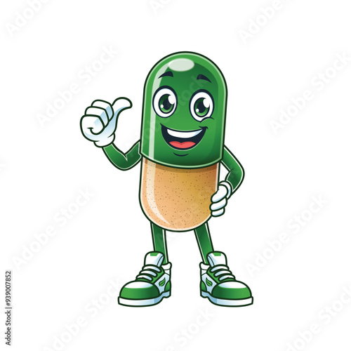 Capsule pill mascot logo, happy capsule health