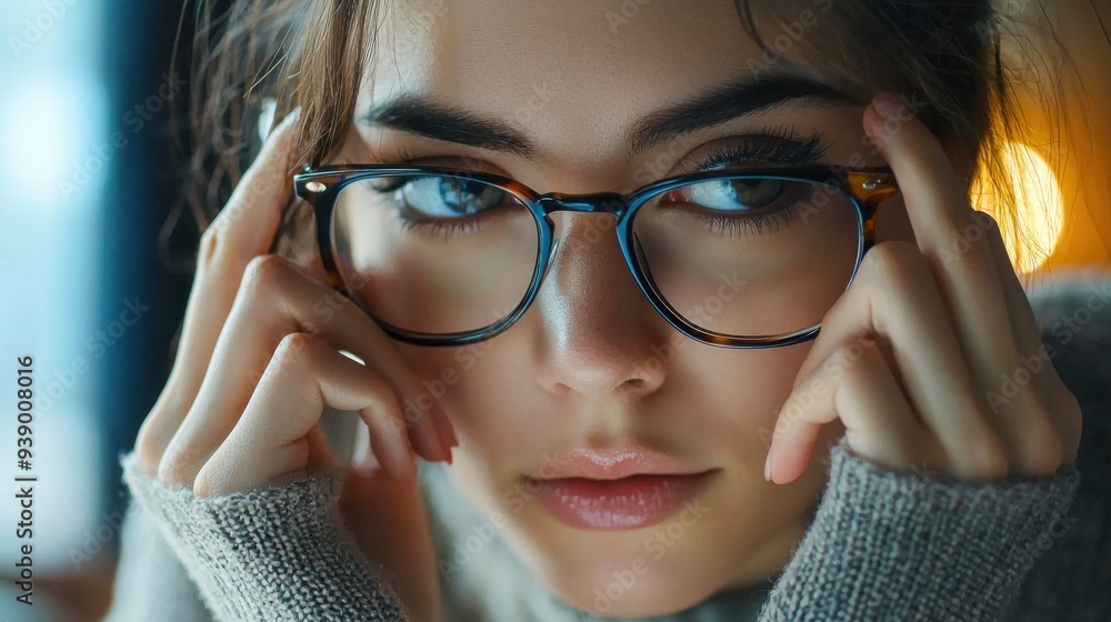 Woman removing glasses, looking tired from computer work, showing signs of eye strain and tension. Woman removing glasses, looking tired from computer work, showing signs of eye strain and tension.
