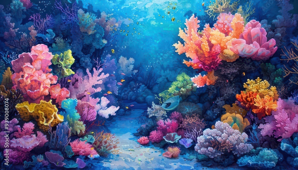 Coral reef ecosystem with marine life, Fantasy, Vibrant, Watercolor, Emphasizing biodiversity Coral reef ecosystem with marine life, Fantasy, Vibrant, Watercolor, Emphasizing biodiversity