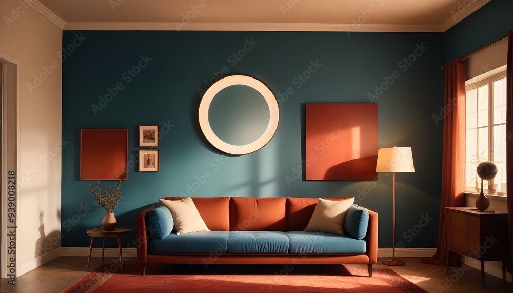 Interior mockup In a white room a blue sofa is placed next to a photo frame on the wall Interior mockup In a white room a blue sofa is placed next to a photo frame on the wall