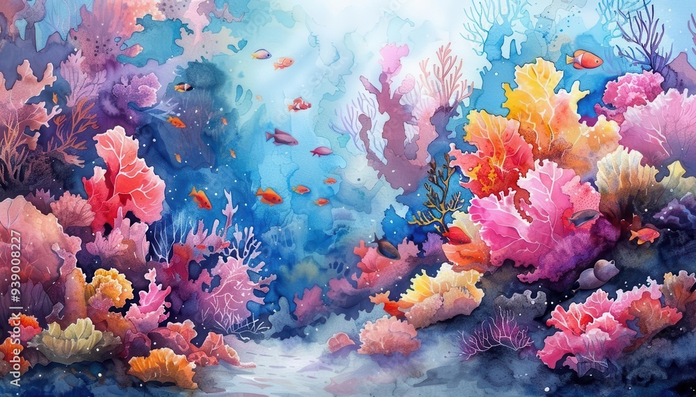 Naklejka premium Coral reef ecosystem with marine life, Fantasy, Vibrant, Watercolor, Emphasizing biodiversity