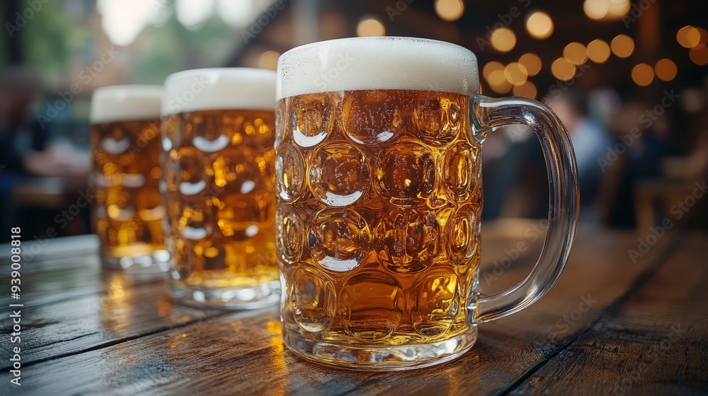 Full Glasses of Beer on Wooden Table, Festive Ambiance Full Glasses of Beer on Wooden Table, Festive Ambiance