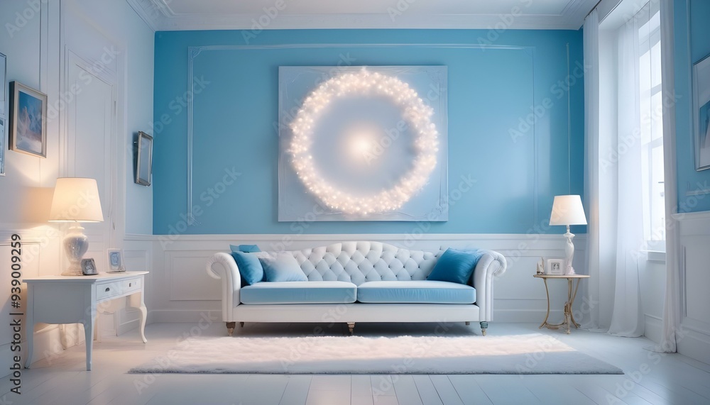 Interior mockup In a white room a blue sofa is placed next to a photo frame on the wall Interior mockup In a white room a blue sofa is placed next to a photo frame on the wall
