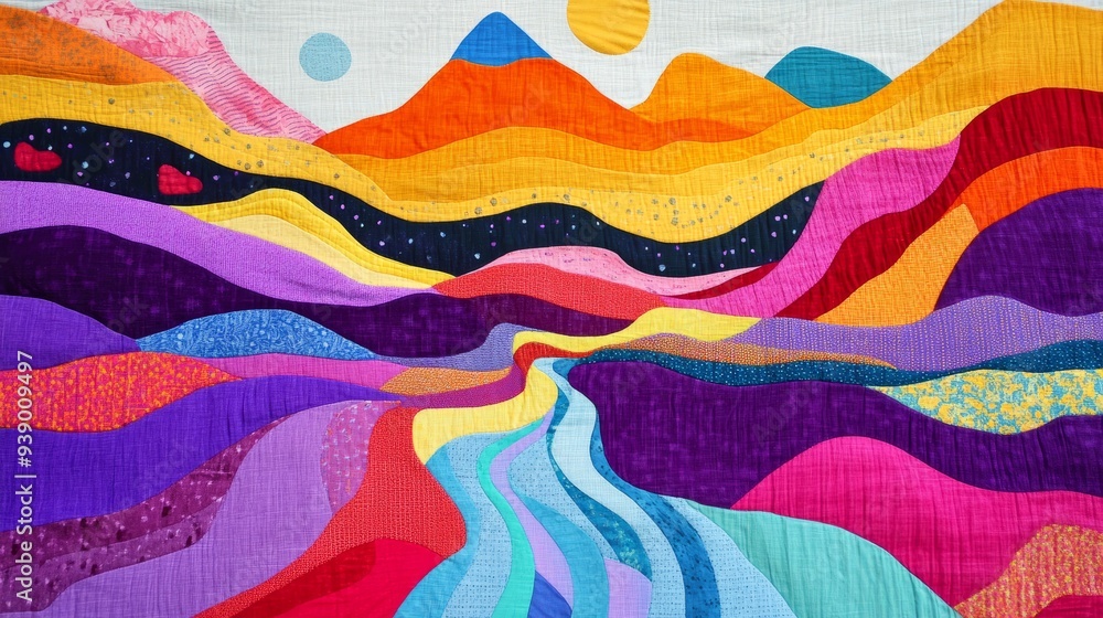 Colorful fabric mountains, river landscape Colorful fabric mountains, river landscape