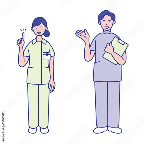 指差しポーズの女性看護師とバインダーを持った男性看護師の全身イラスト素材【セット】