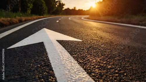 Photography of a white arrow on the asphalt road during the sunset. Straight ahead way concept, path to success direction, business career future guidance