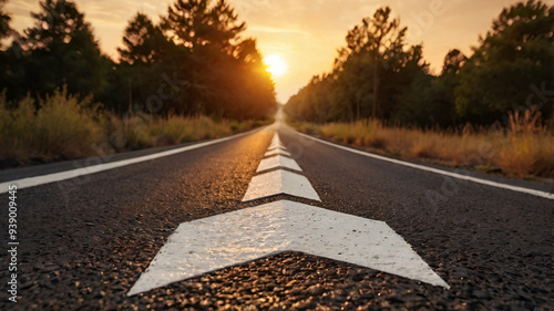 Photography of a white arrow on the asphalt road during the sunset. Straight ahead way concept, path to success direction, business career future guidance