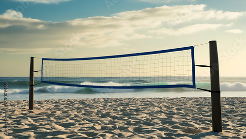 Volleyball court on the sand beach with the volleyball net.